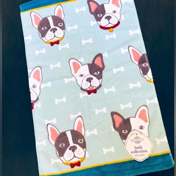 Boston Terrier Frenchie Dog Bone Print Bathroom Hand Towel - Picture 1 of 2